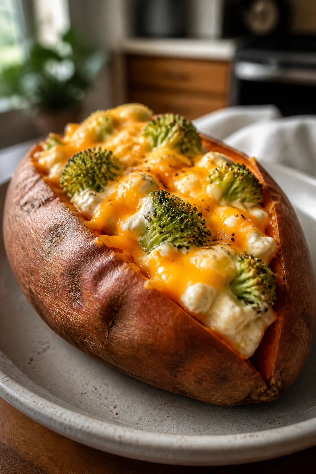 Stuffed sweet potato with broccoli and cheddar in cozy kitchen