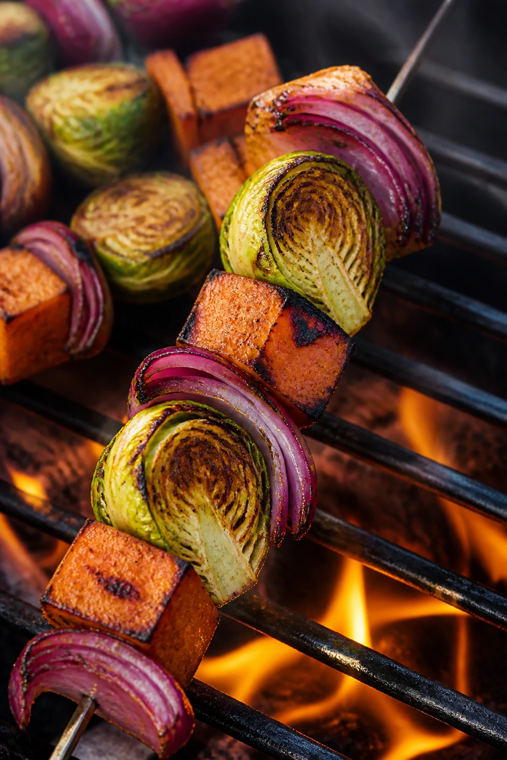 Close-up of sweet potato, brussels sprout, and red onion skewer on a grill.