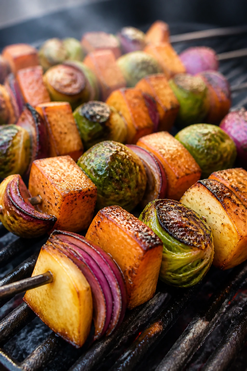 Sweet potato, Brussels sprouts, and onion skewers on a grill