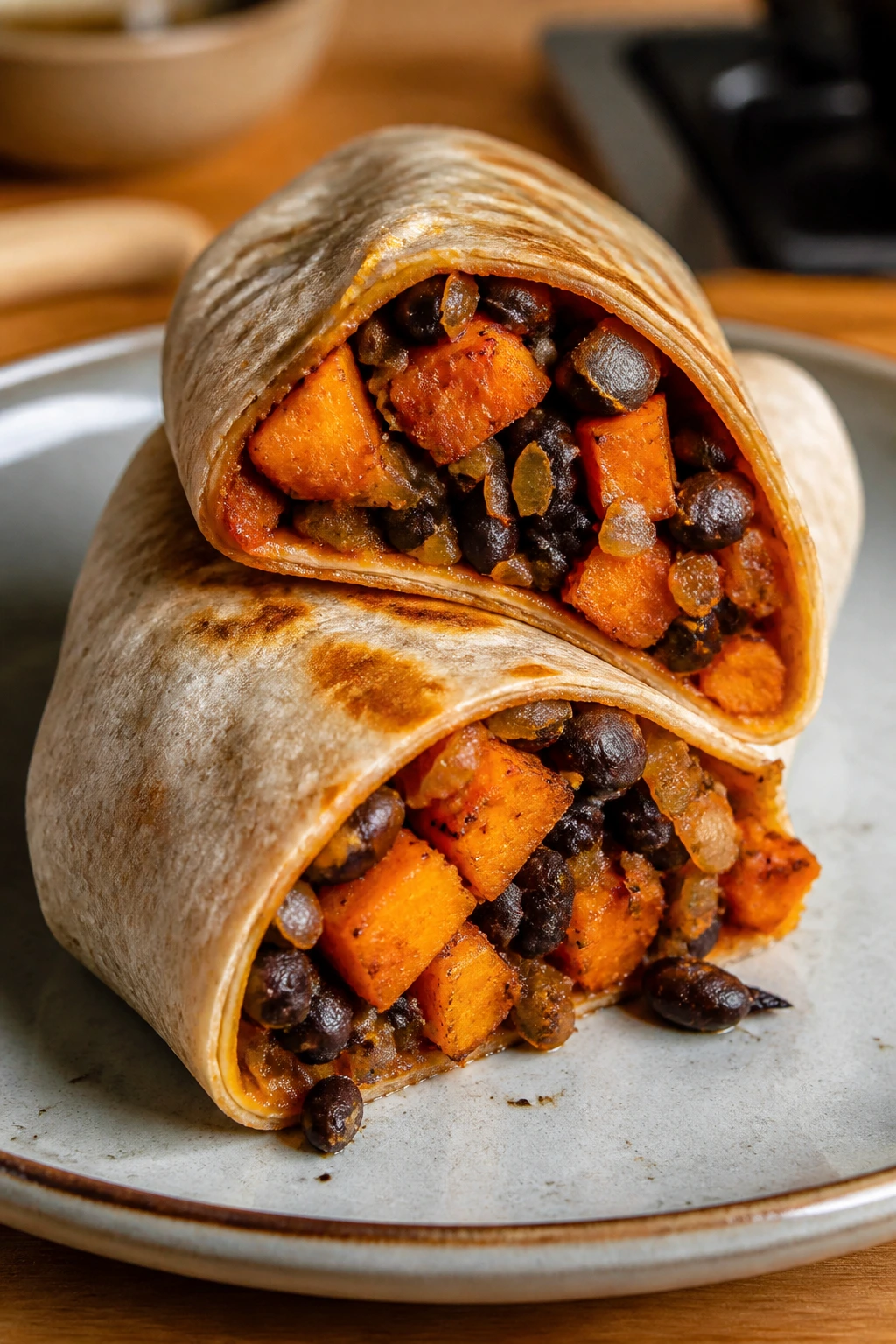 Sweet potato black bean burritos sliced open on a plate