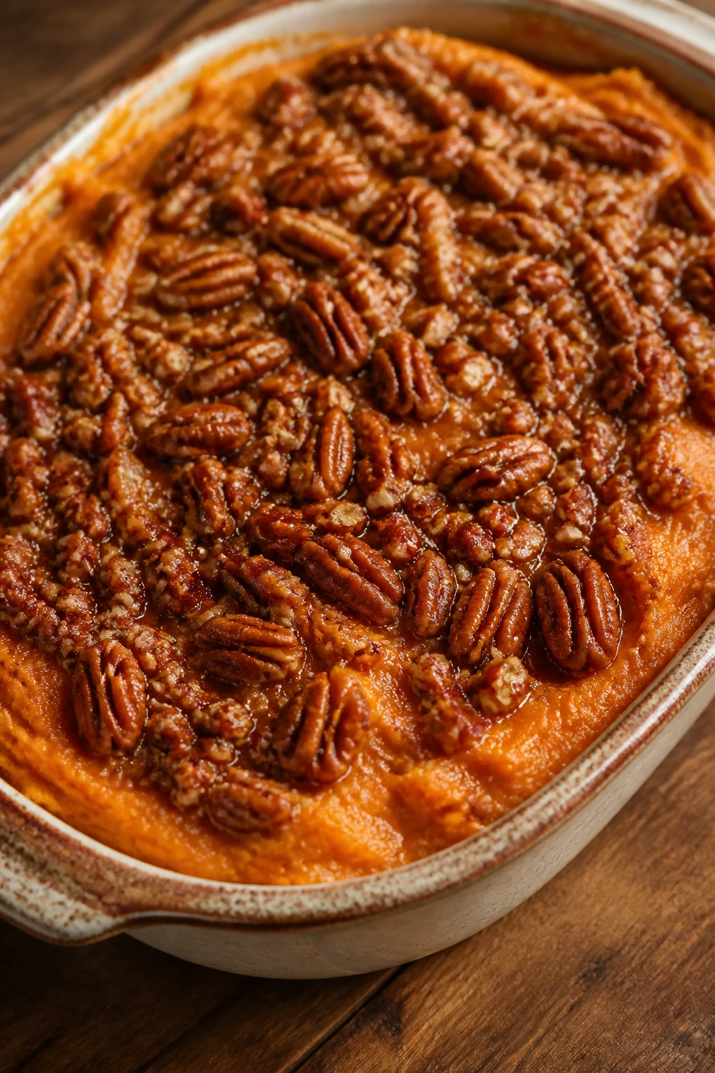 Close-up of sweet potato casserole with pecan topping in a rustic dish