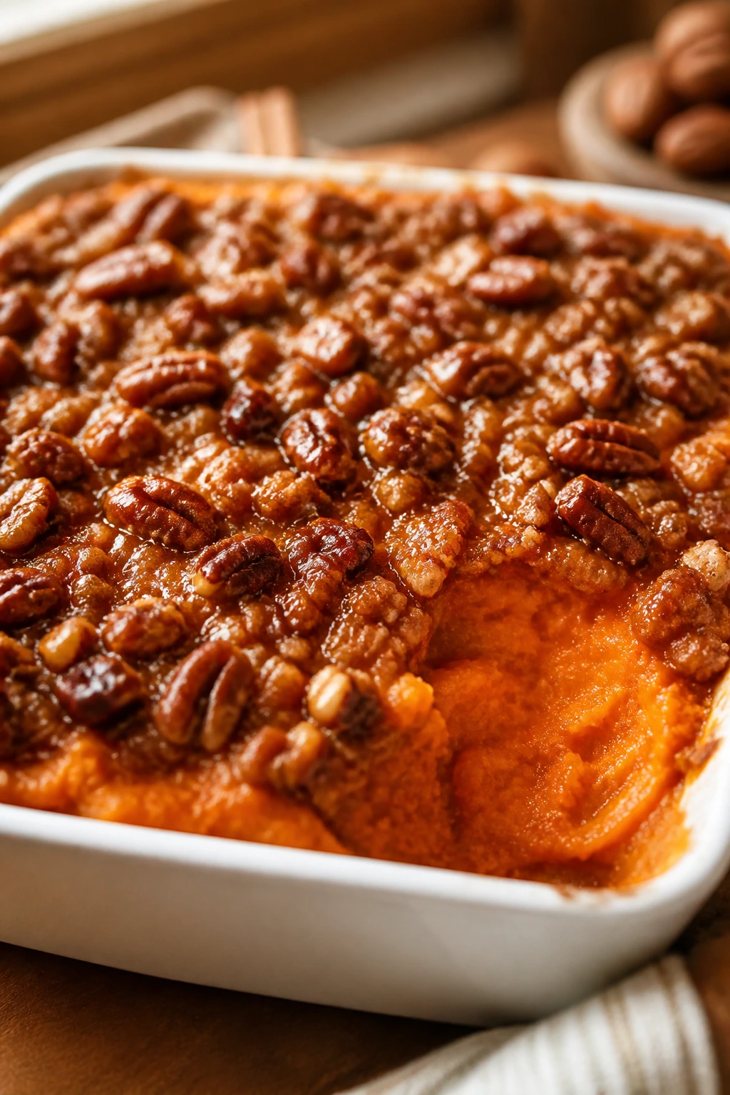 Sweet potato casserole with pecan topping in a baking dish