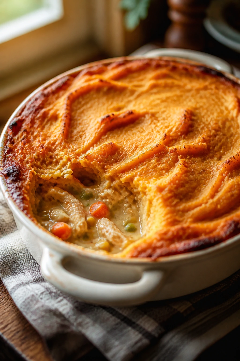 Sweet potato topped chicken pot pie in a ceramic dish.