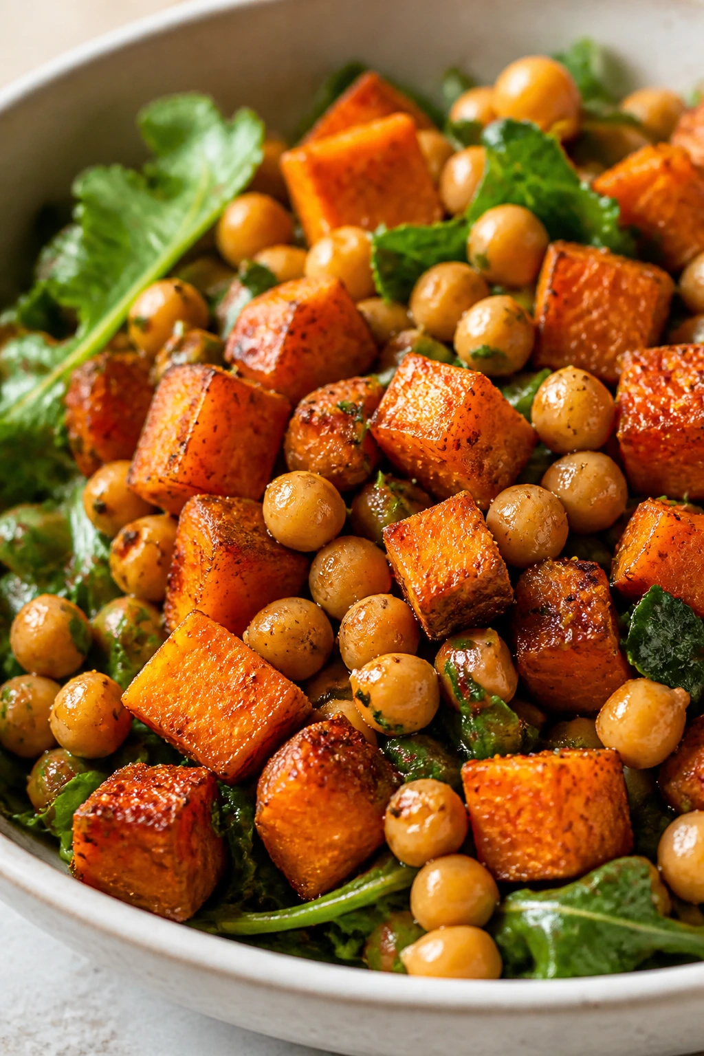 Close-up of Roasted Sweet Potato Chickpea Salad with caramelized potatoes and chickpeas.
