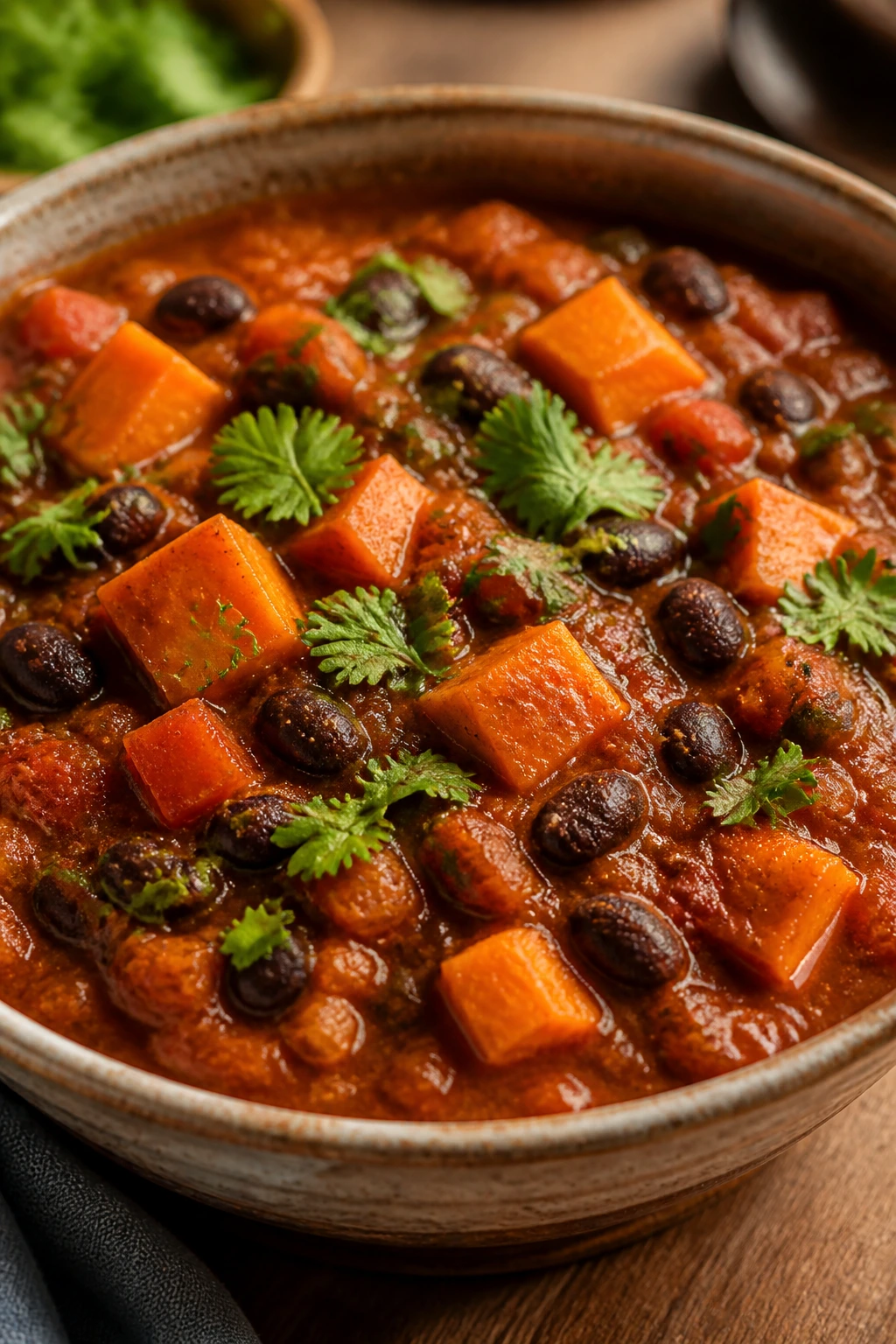 Close-up of sweet potato and black bean chili in a bowl