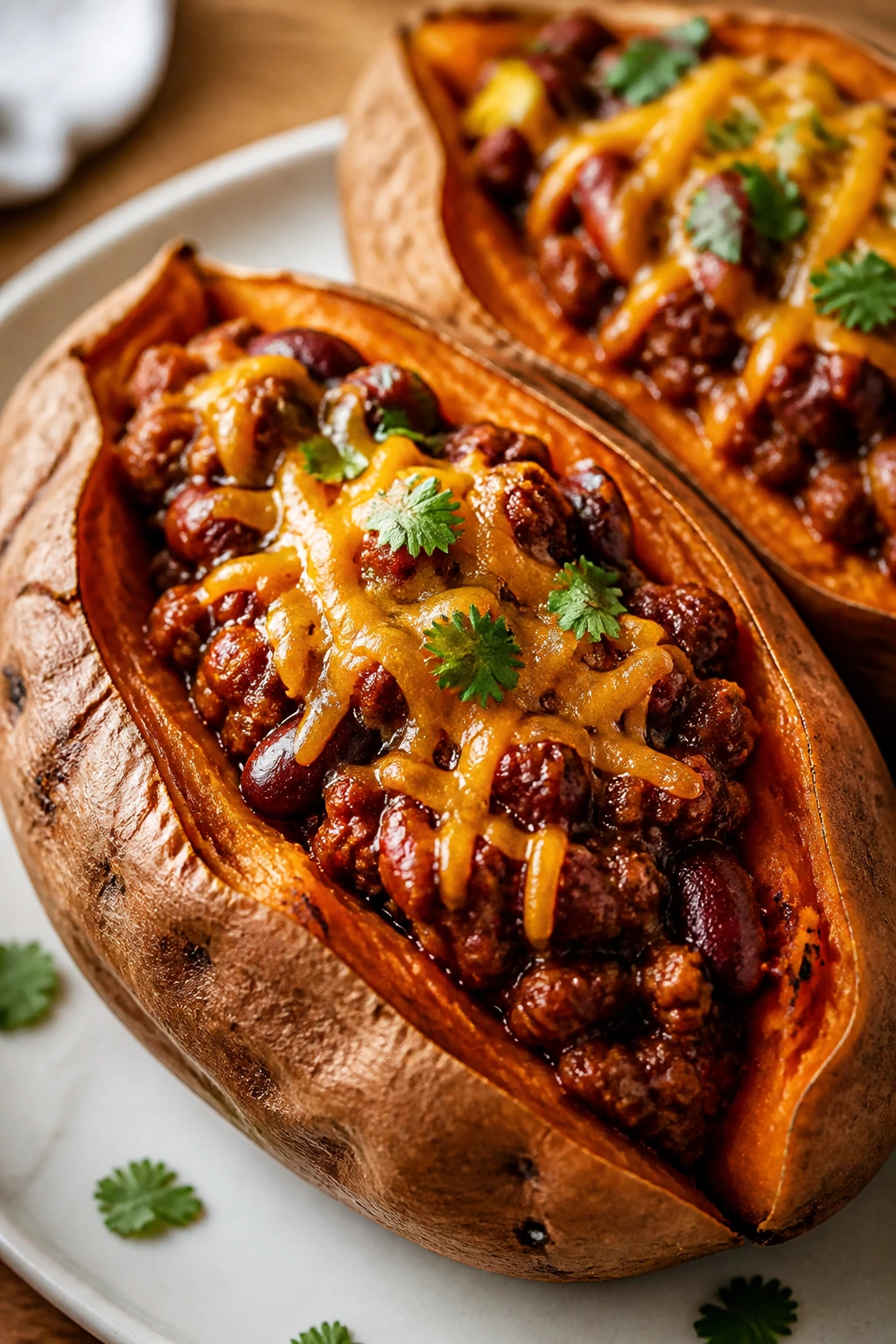 Close-up of chili-stuffed sweet potato with cheddar