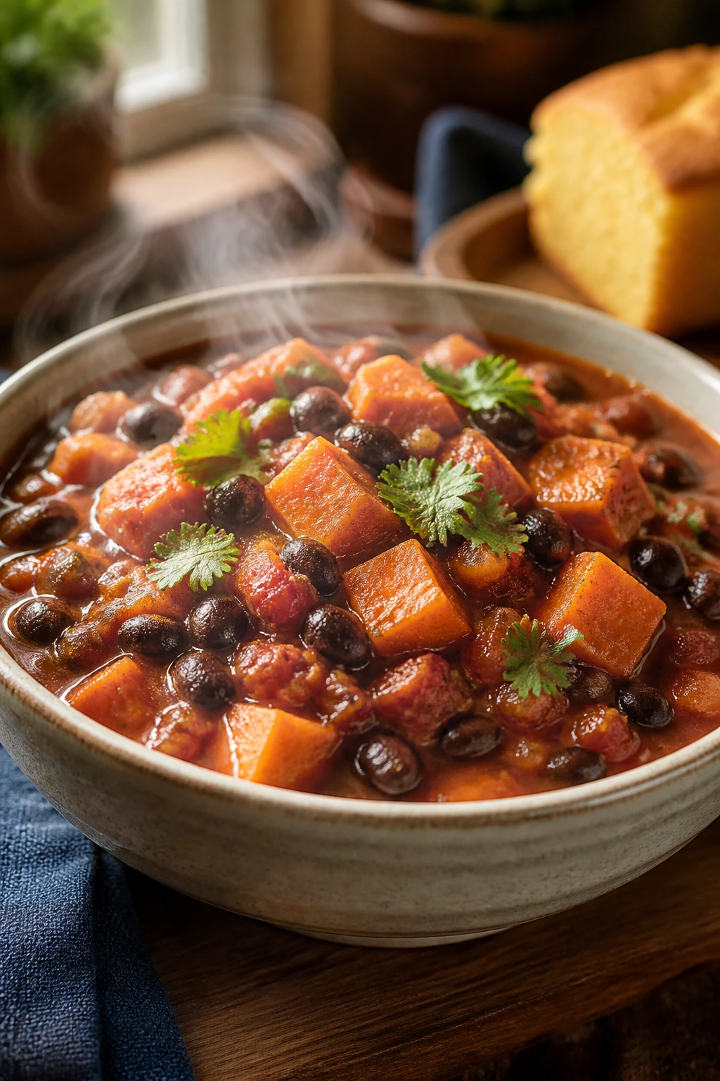 Close-up of hearty sweet potato black bean chili in a bowl on a wooden counter