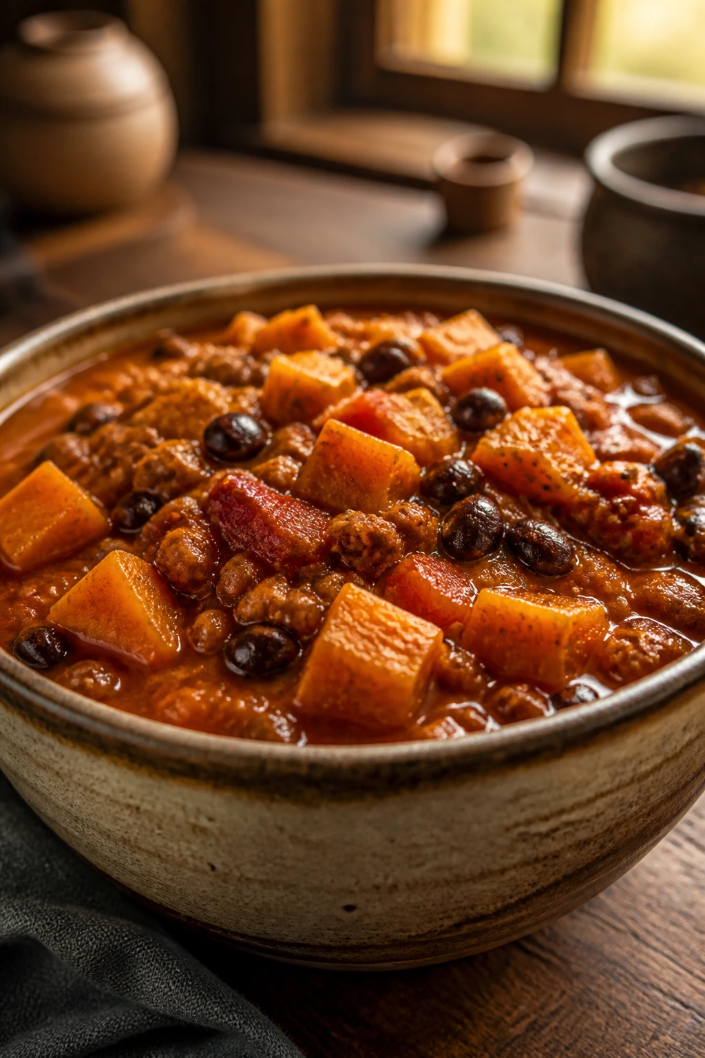 Bowl of hearty sweet potato chili with beans in a cozy kitchen
