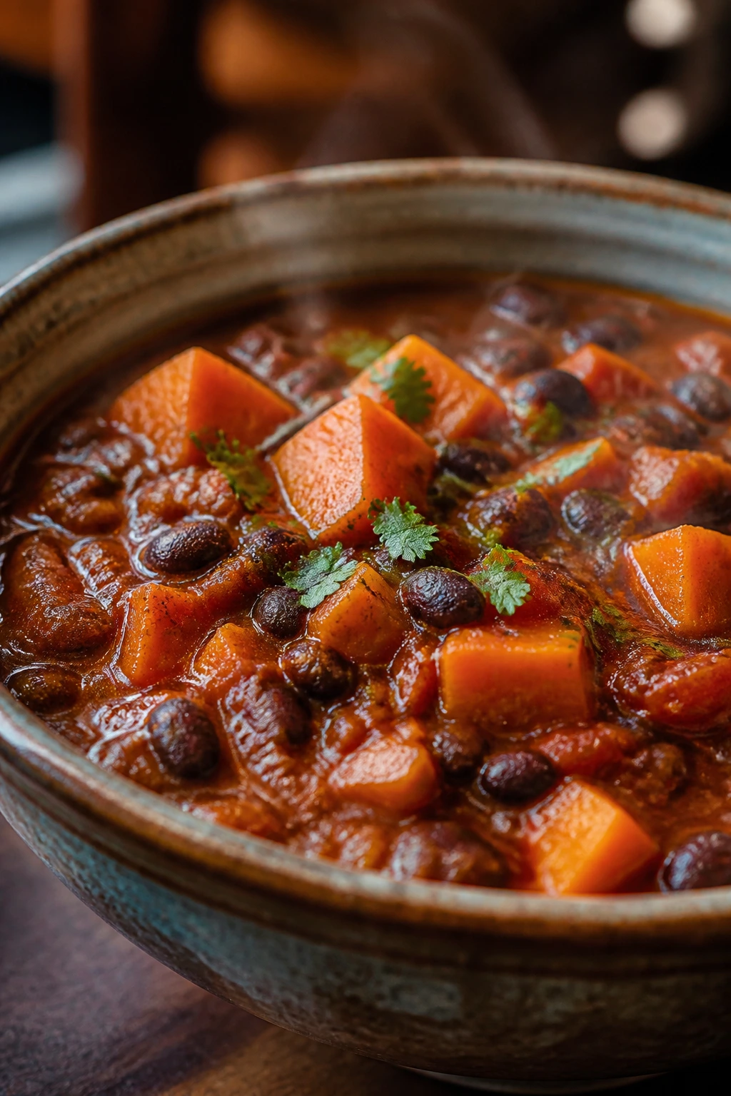 Close-up of Sweet Potato Black Bean Chili in a rustic bowl