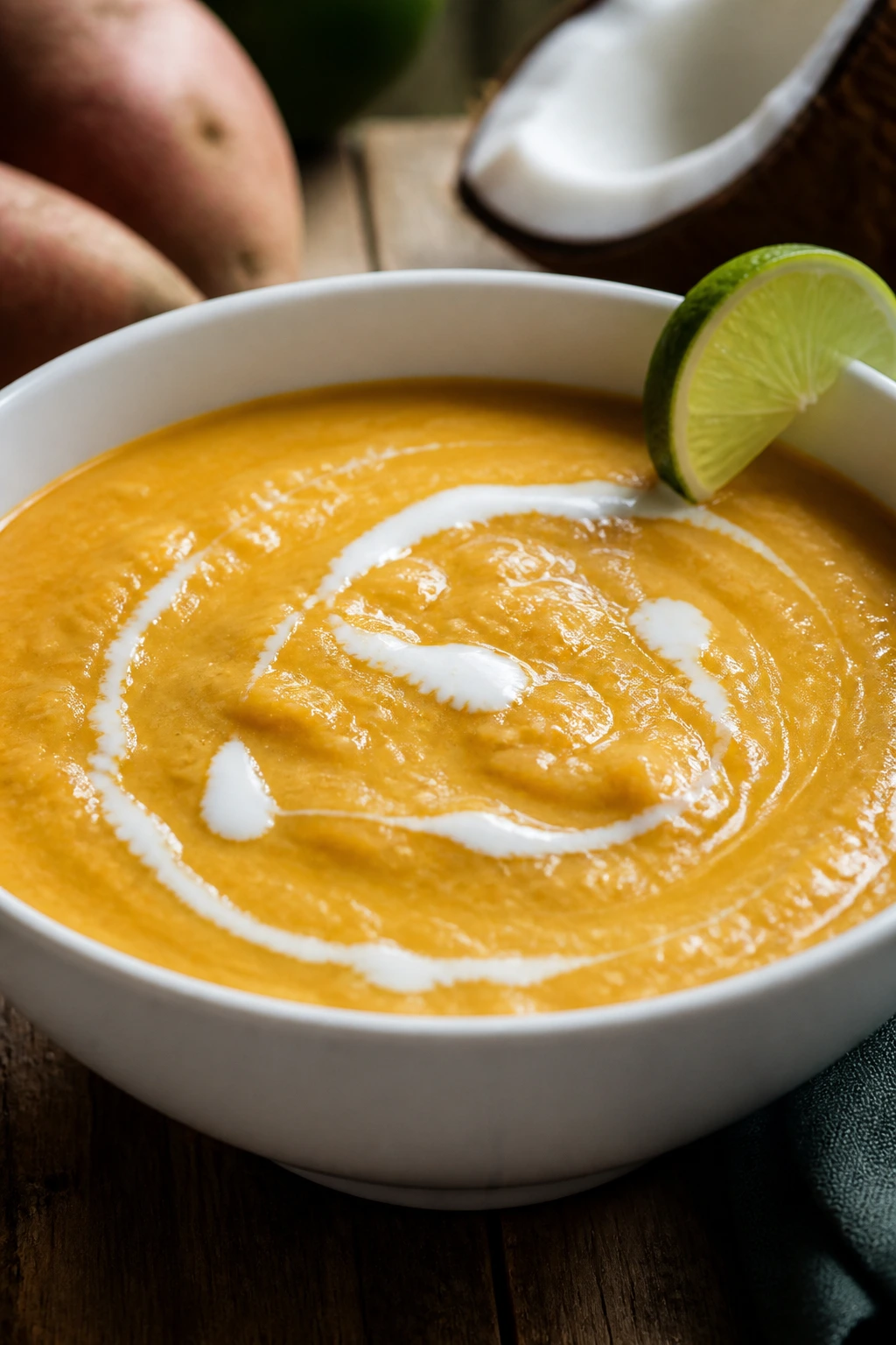 Close-up of creamy sweet potato and coconut soup in a bowl with coconut swirl