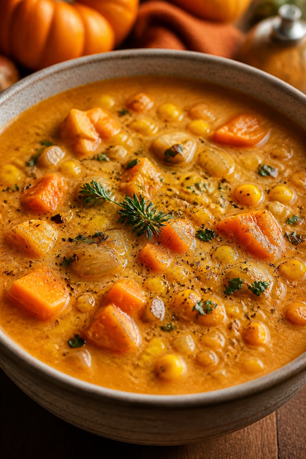 Close-up of sweet potato and corn chowder in a bowl with corn and potato visible
