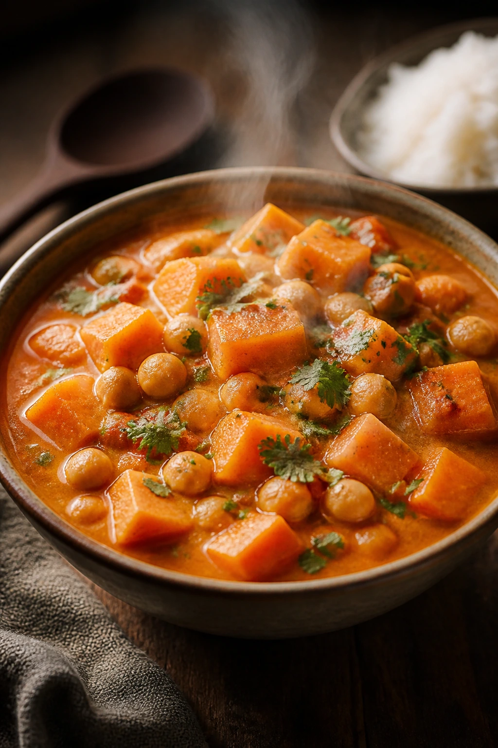 Bowl of mild sweet potato chickpea curry with rice