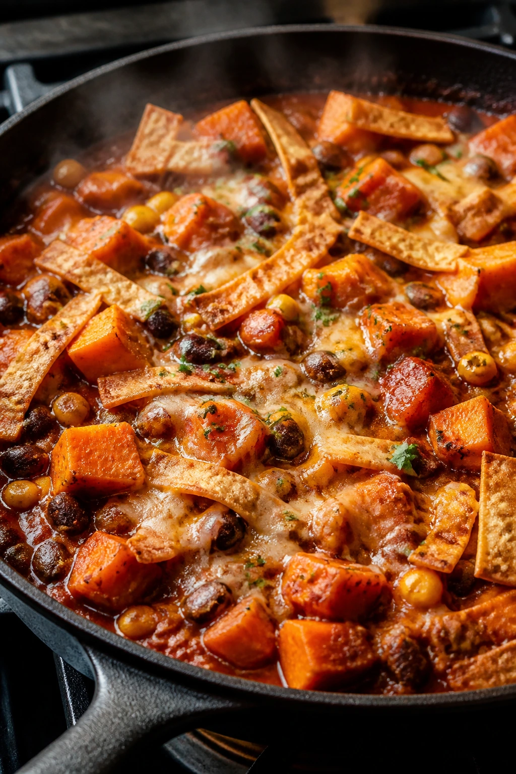 Skillet filled with sweet potato enchilada ingredients in red sauce