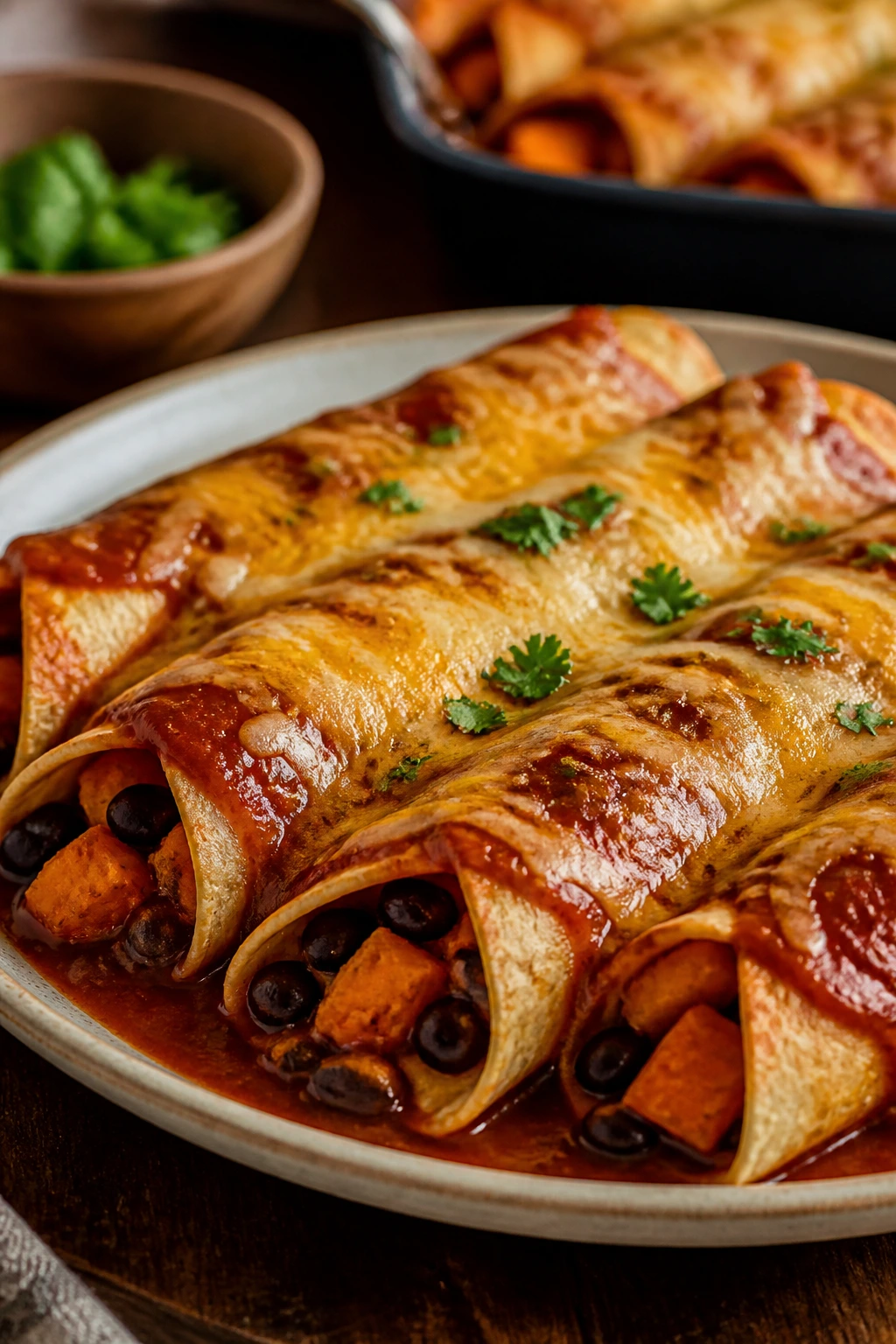 Close-up of sweet potato black bean enchiladas on a plate