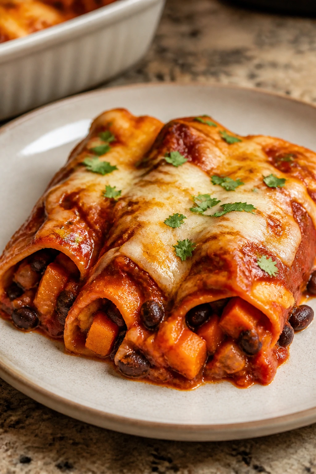 Sweet potato enchiladas with red sauce and cheese