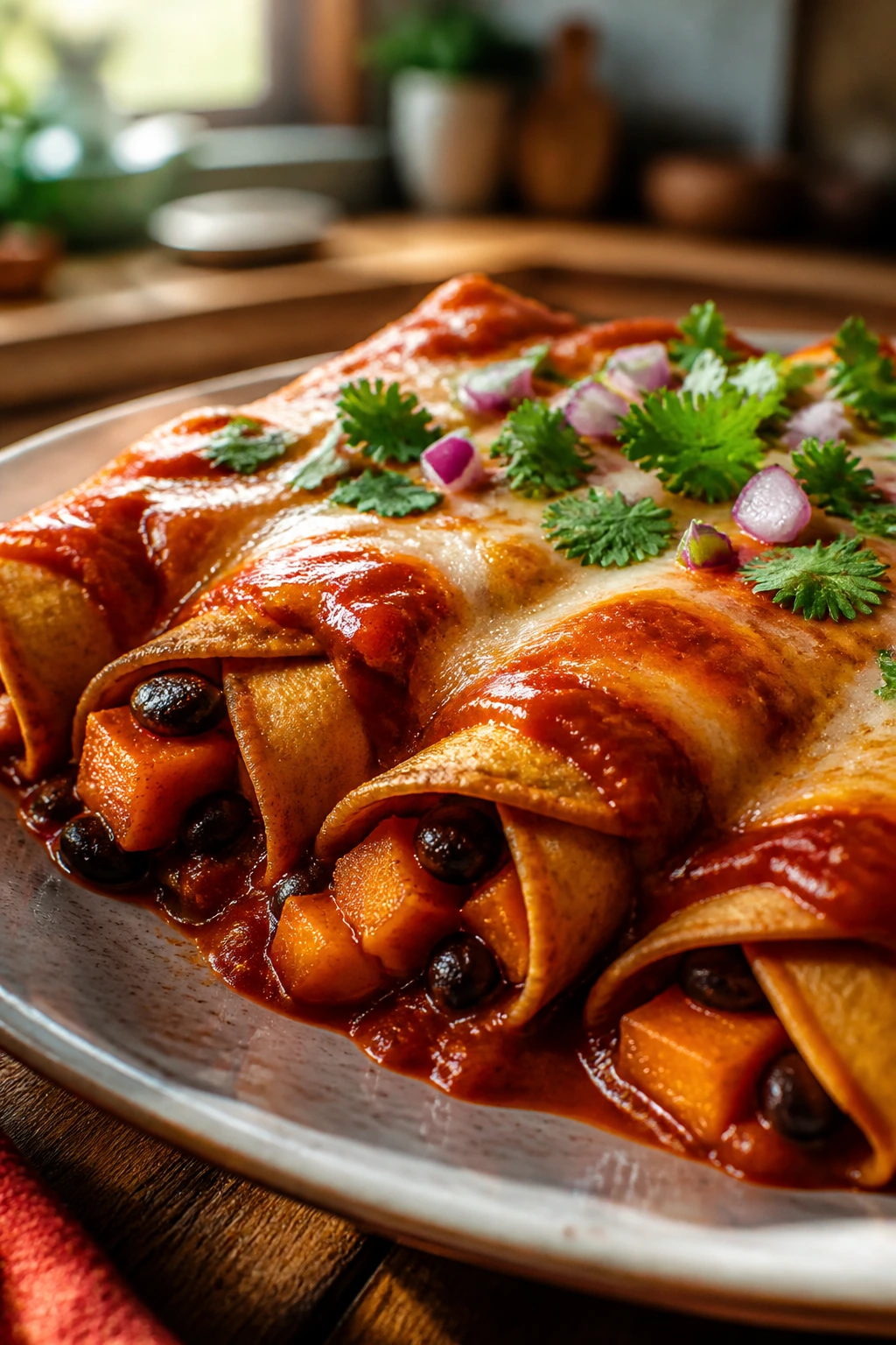 Close-up of sweet potato and black bean enchiladas on a rustic table.