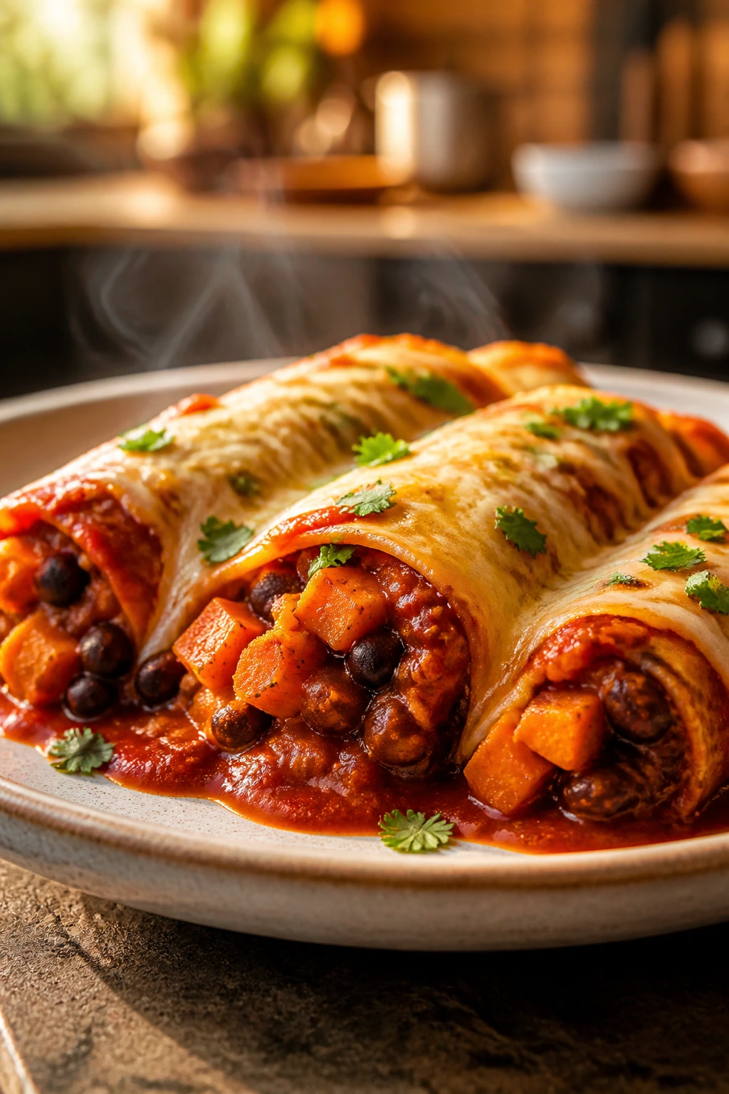 Medium close-up of sliced enchiladas with sauce on a plate in a cozy kitchen.