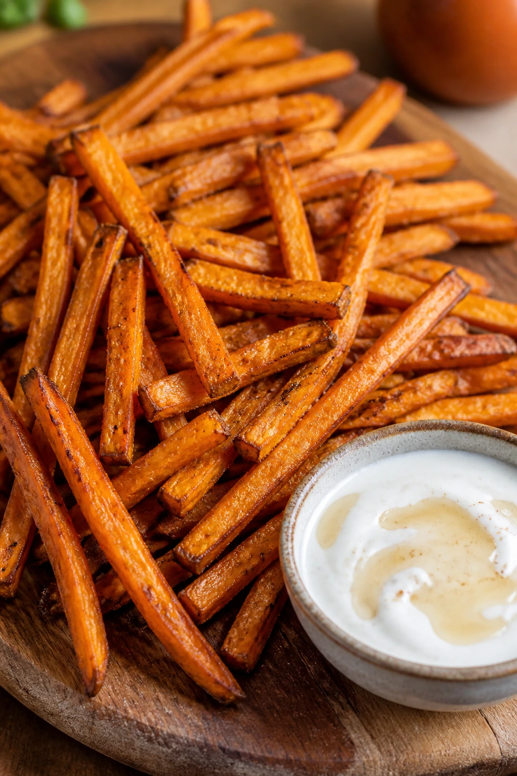 Close-up of golden sweet potato fries with yogurt dip on a wooden board