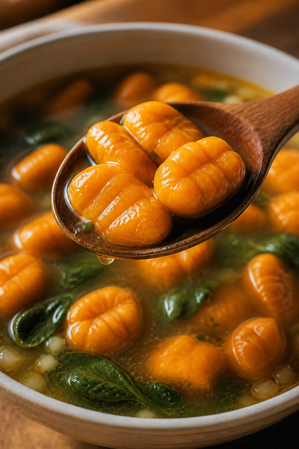 Close-up of silky orange sweet potato gnocchi in clear broth