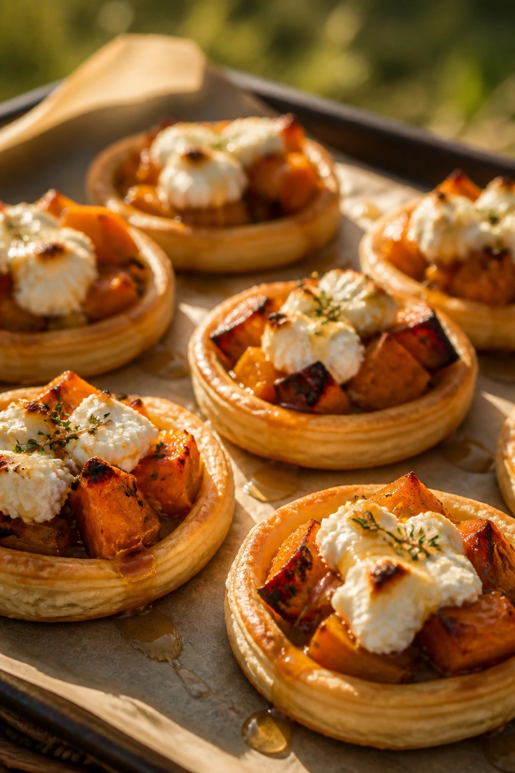 Sweet potato and goat cheese tartlets on a picnic tray