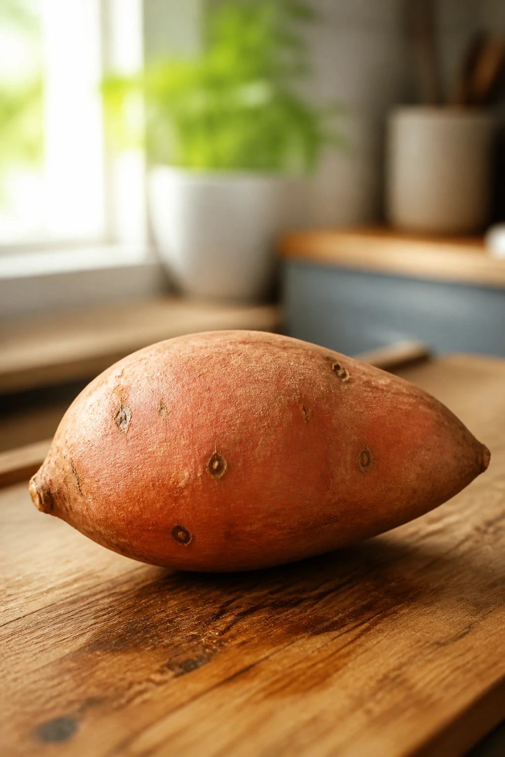 Single sweet potato on a wooden counter in a kitchen setting.
