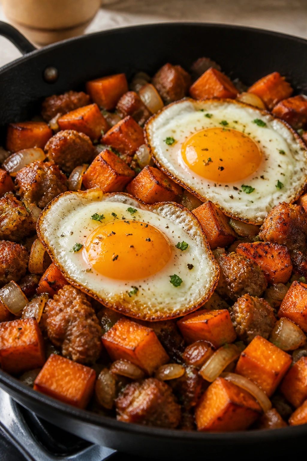 Hash with sausage, sweet potatoes, and fried eggs in a skillet