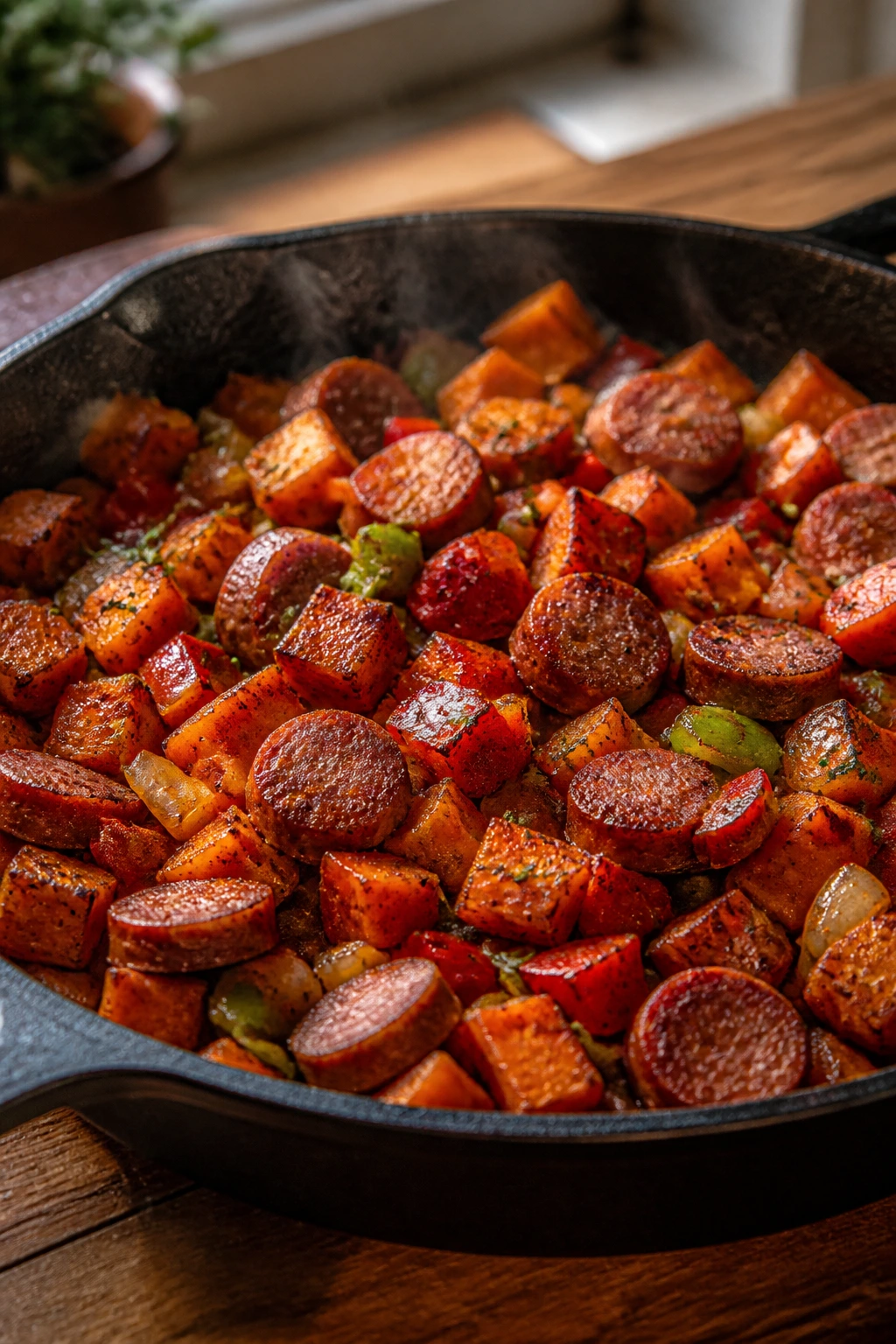 Close-up of sweet potato hash with smoked sausage in a cast-iron skillet