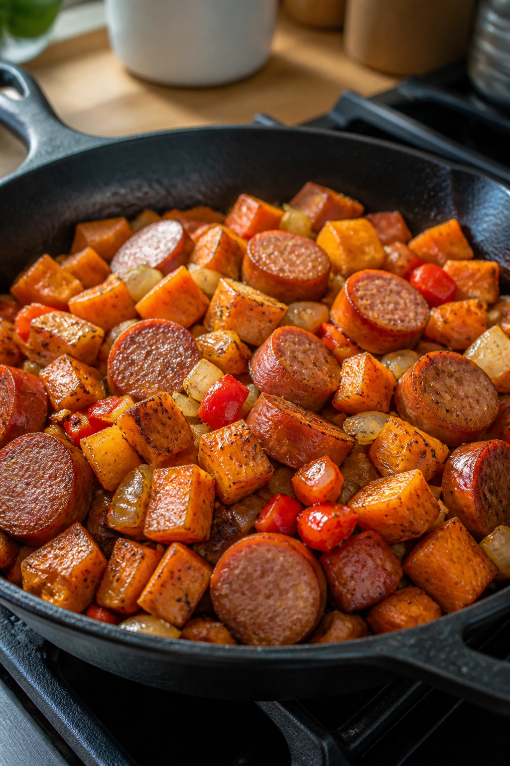 Close-up of sausage and sweet potato hash in a skillet on a stove