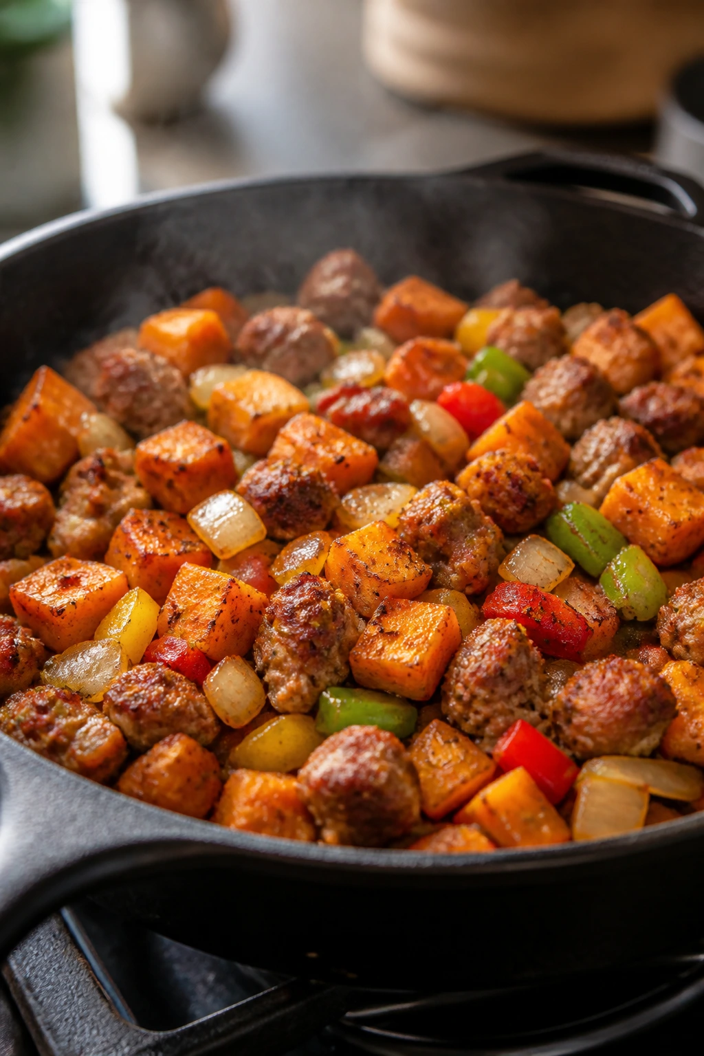 Close-up of sweet potato sausage hash in a cast-iron skillet