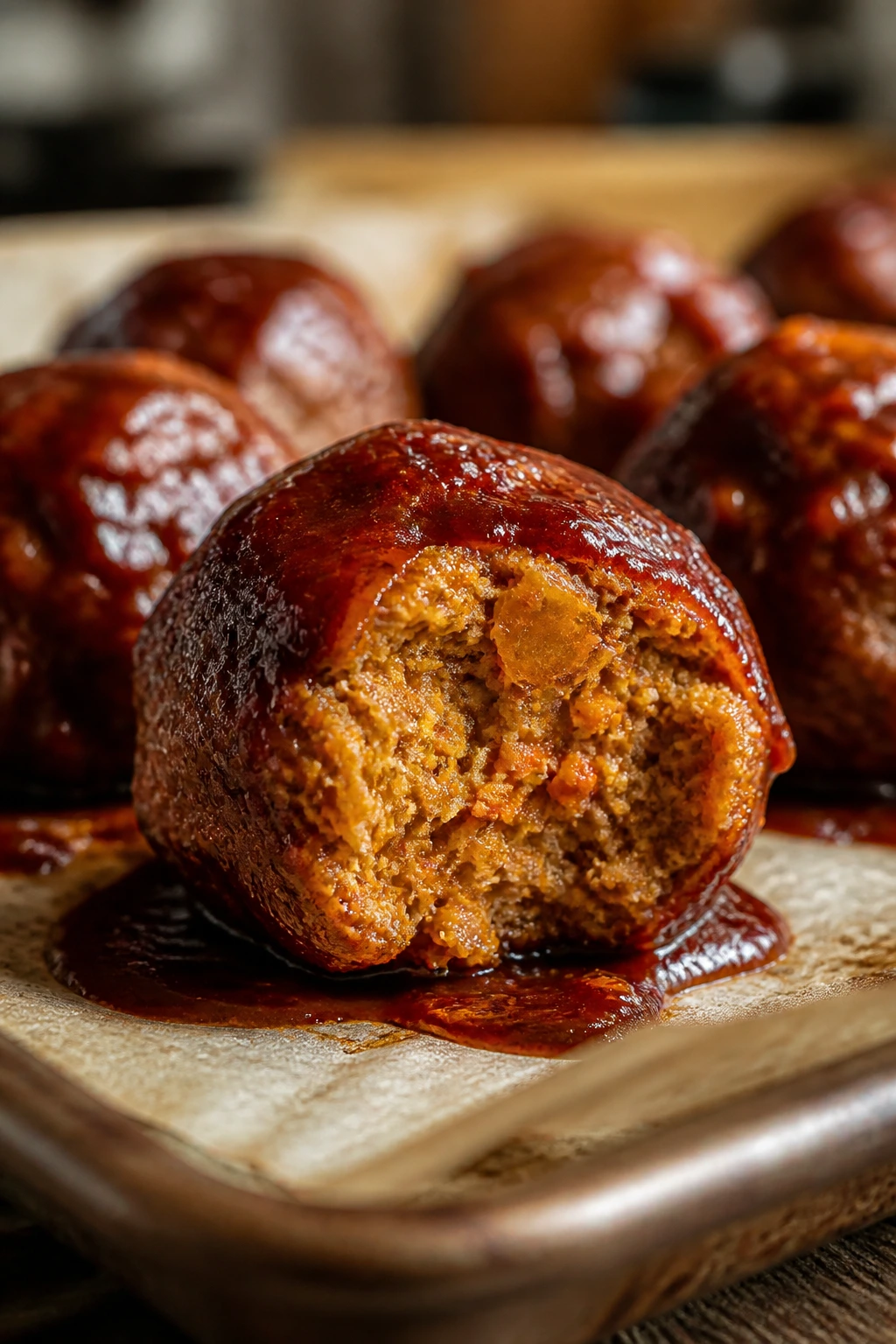 Sweet potato meatball cross-section with orange interior on parchment