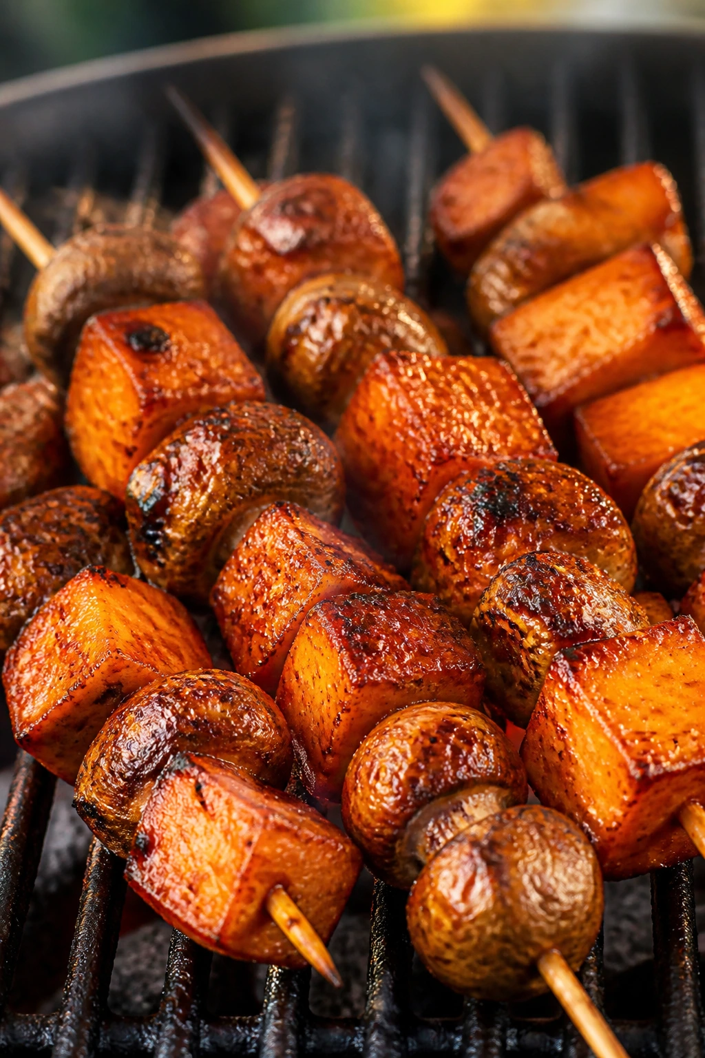 Sweet potato and mushroom skewers with gochujang glaze grilling outdoors