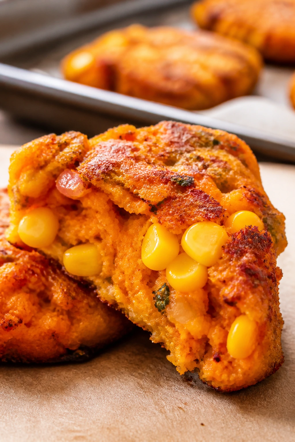 Sweet potato corn veggie nugget with orange interior and corn kernels
