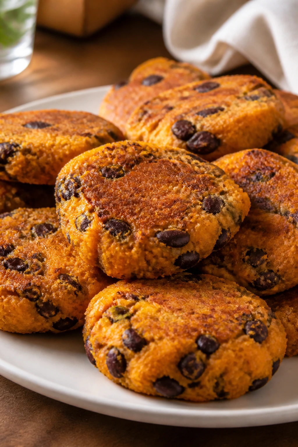 Golden sweet potato and black bean nuggets on a plate