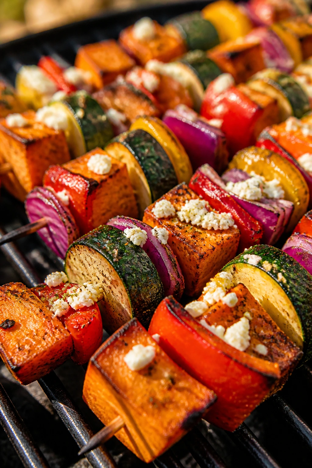 Close-up of Tex-Mex Sweet Potato Pepper Zucchini Kabobs with Cotija