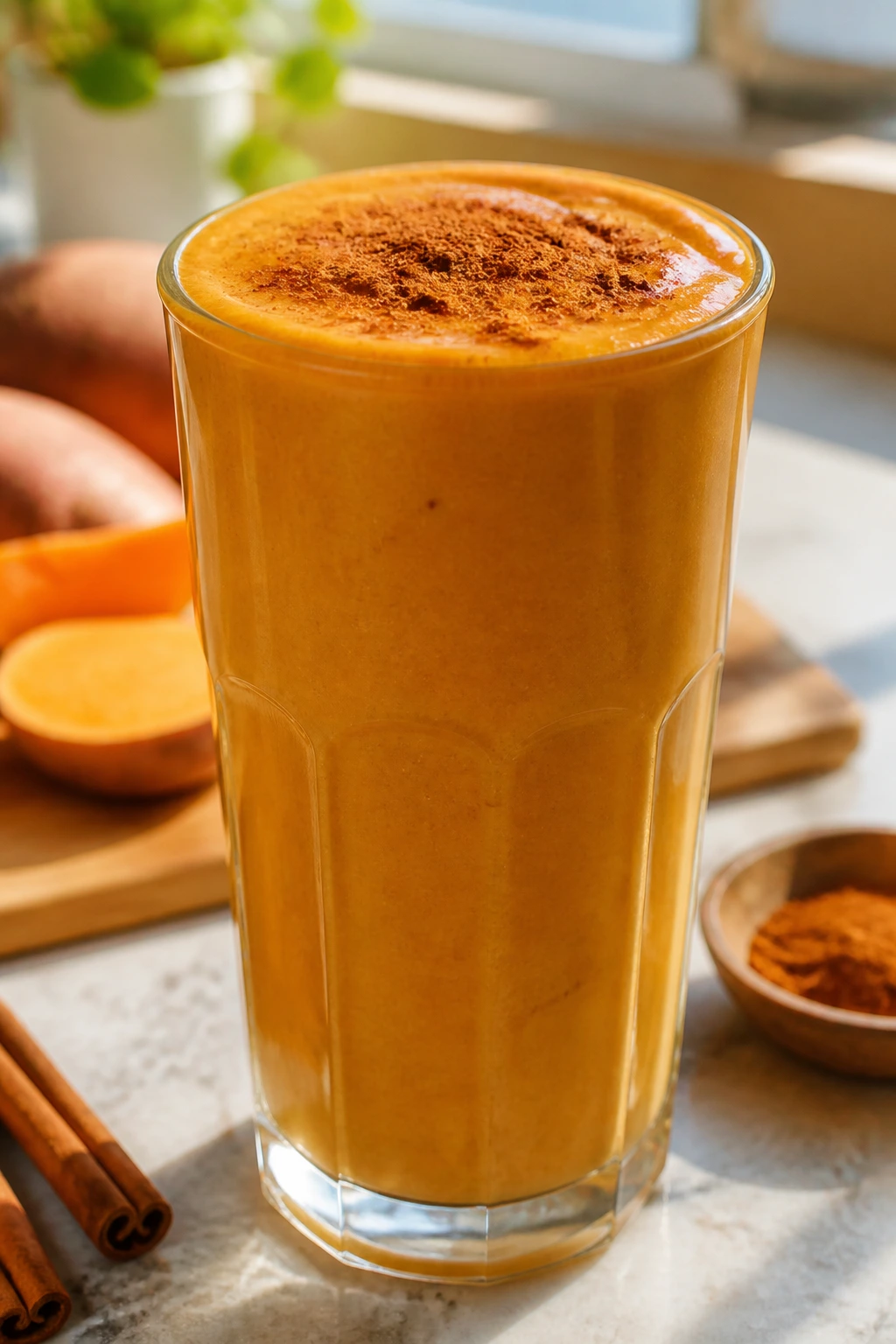 Close-up of orange-brown sweet potato pie smoothie in a glass on a counter