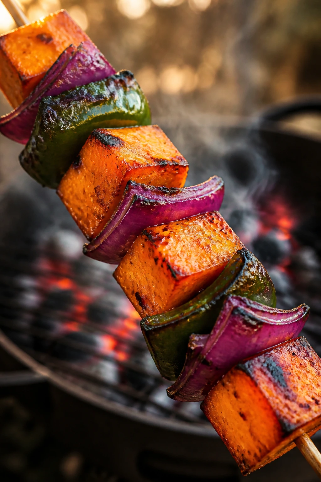 Close-up of chili-lime sweet potato and poblano skewers on a smoky outdoor grill