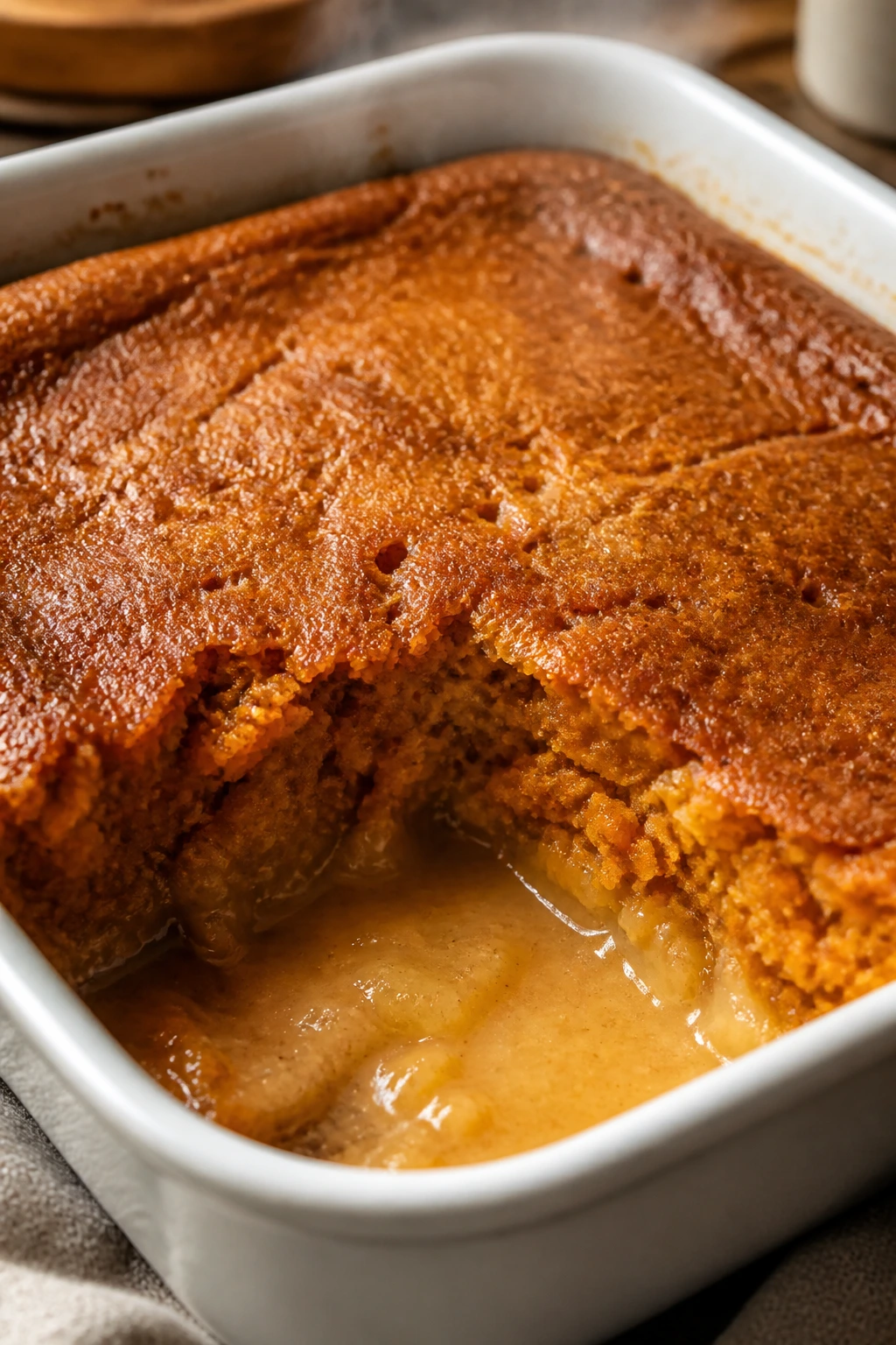 Close-up of sweet potato pudding cake in baking dish with creamy bottom