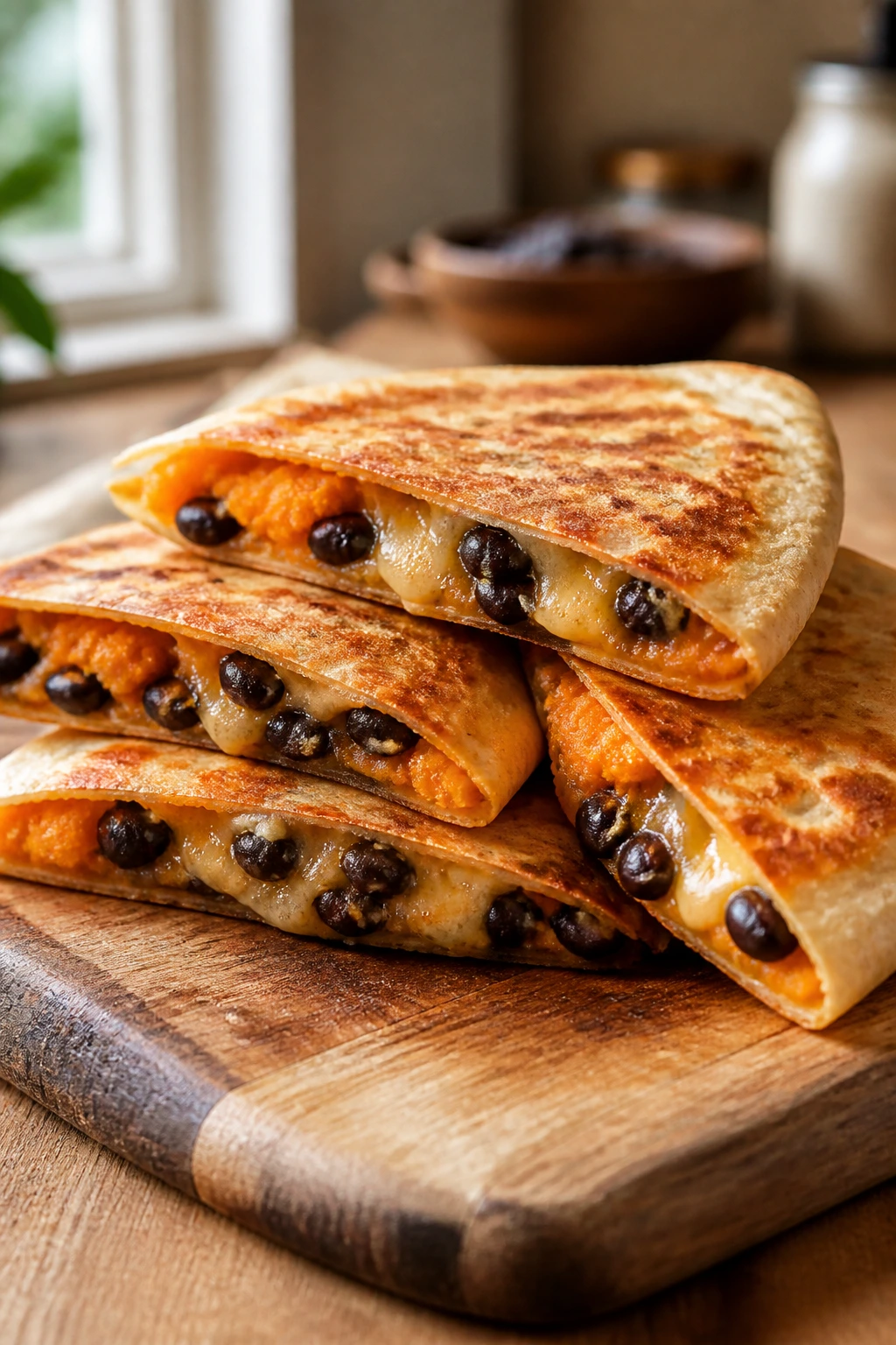 Close-up of sweet potato black bean quesadillas cut into wedges on wooden board