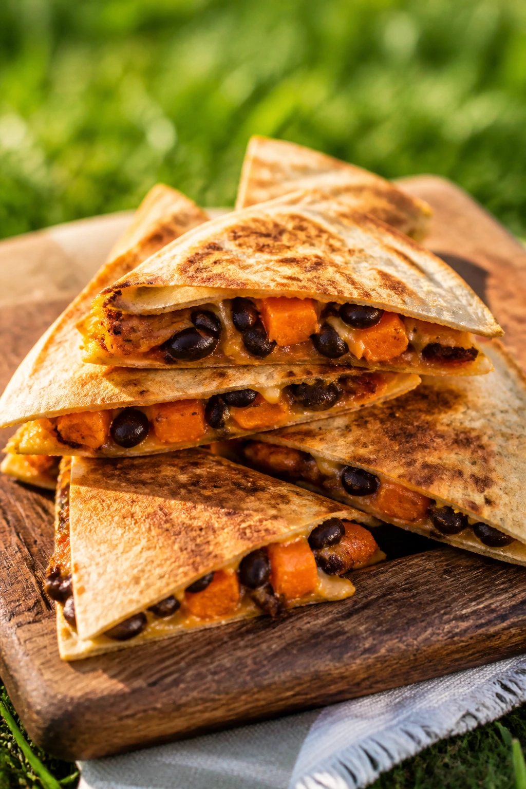 Quesadilla triangles with sweet potato and black beans on a rustic board outdoors