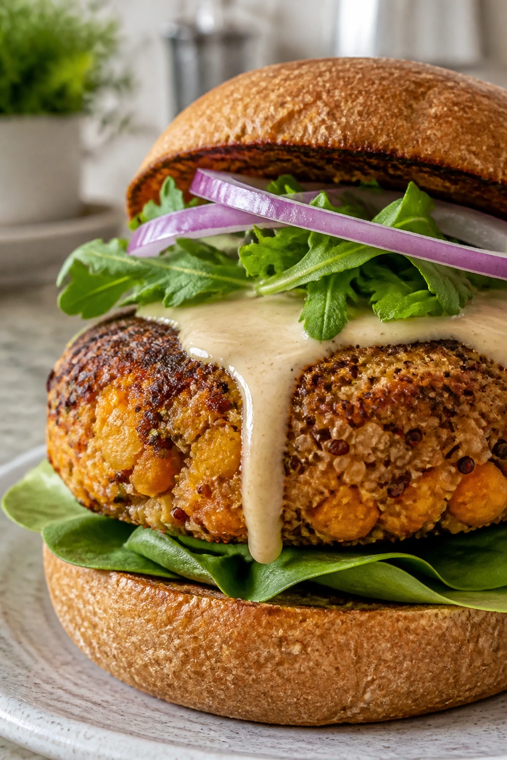 Close-up of sweet potato quinoa burger on a bun with sesame-like texture