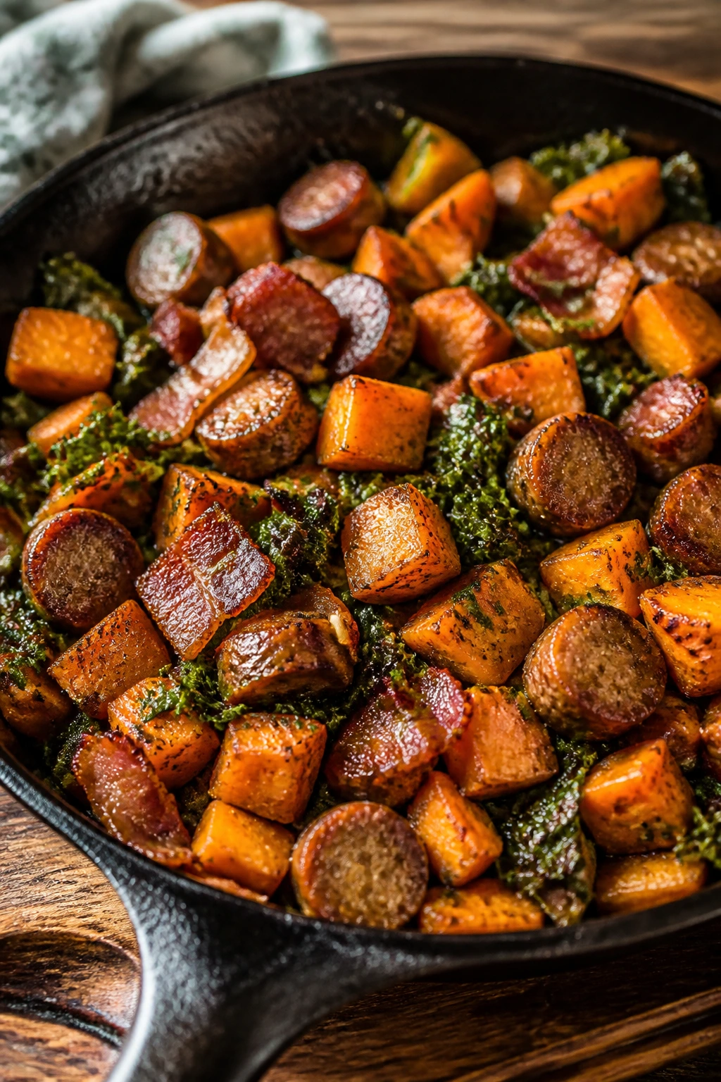 Close-up of sausage bacon sweet potato skillet with greens