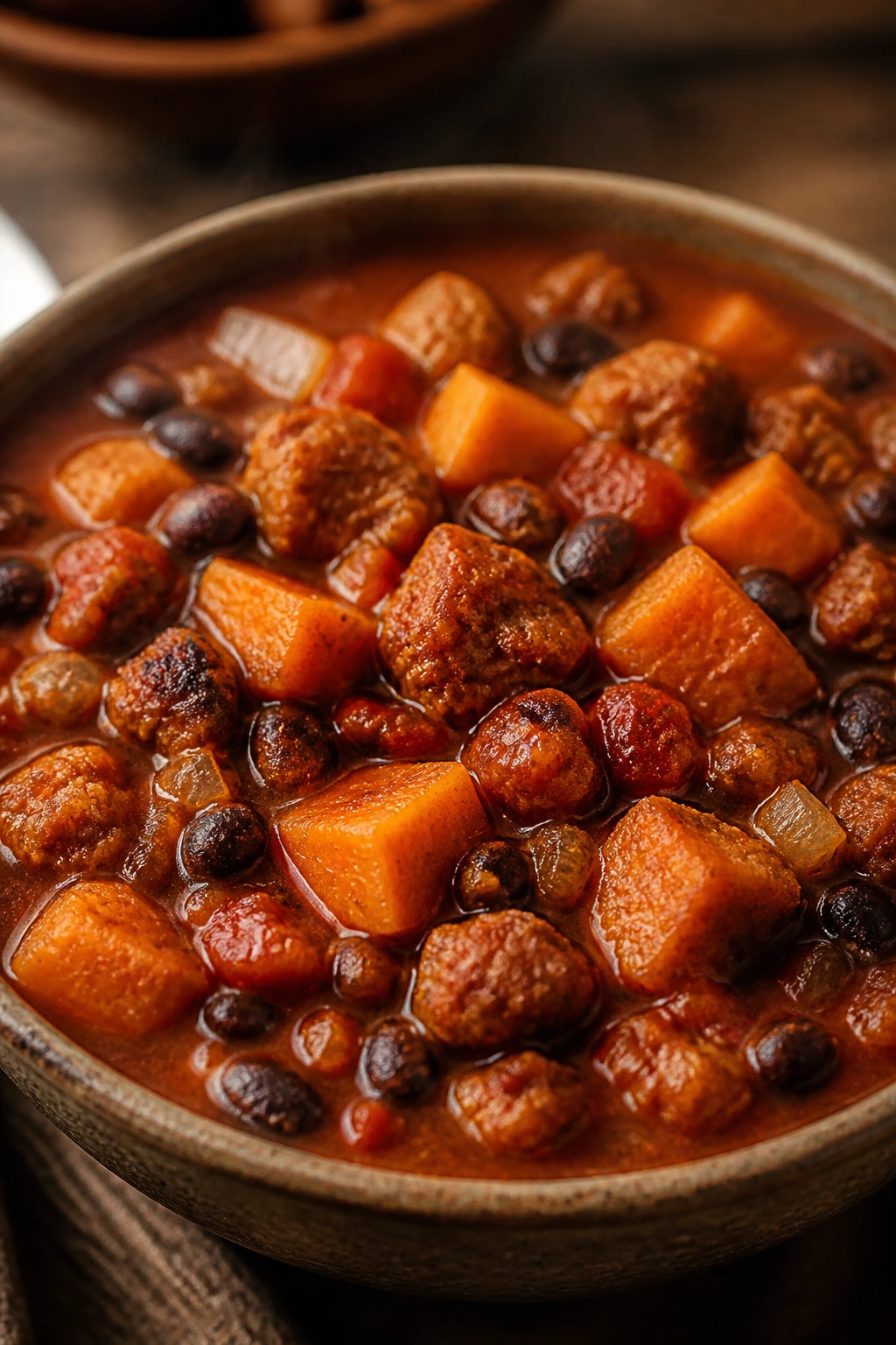 Steaming bowl of chili with sweet potato and sausage