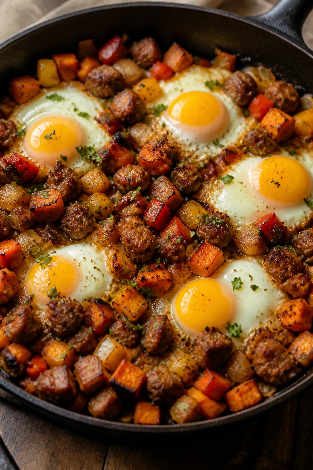 Hash bake with sweet potatoes and sausage in cast iron skillet with eggs