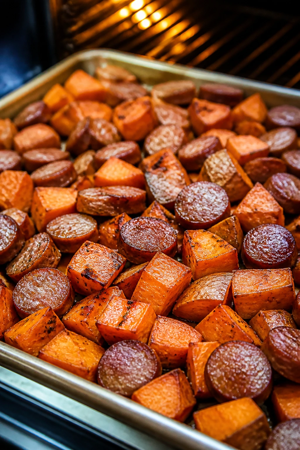 Roasted sweet potato and sausage on sheet pan with caramelized edges
