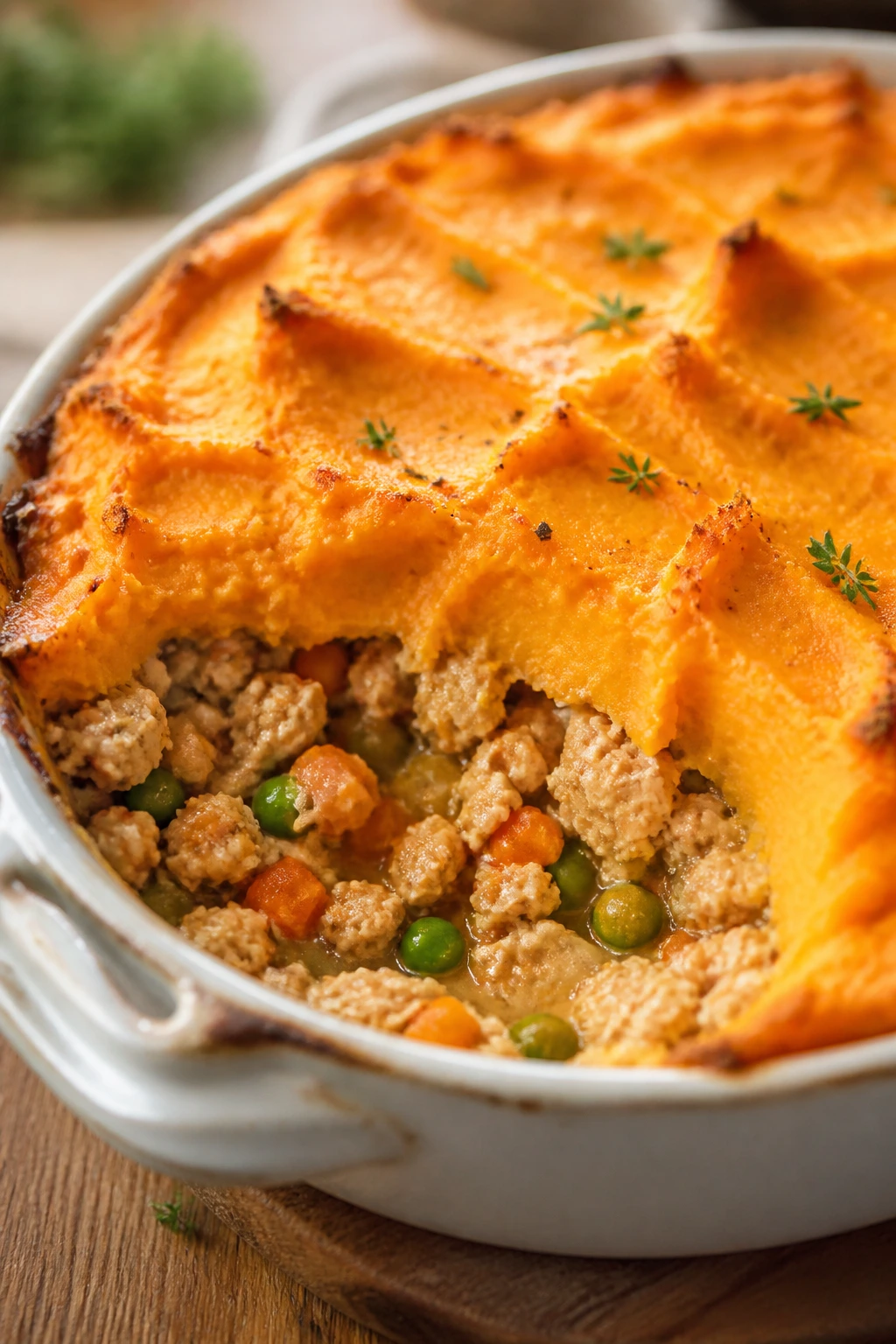 Scoop of sweet potato topping over turkey and vegetable filling