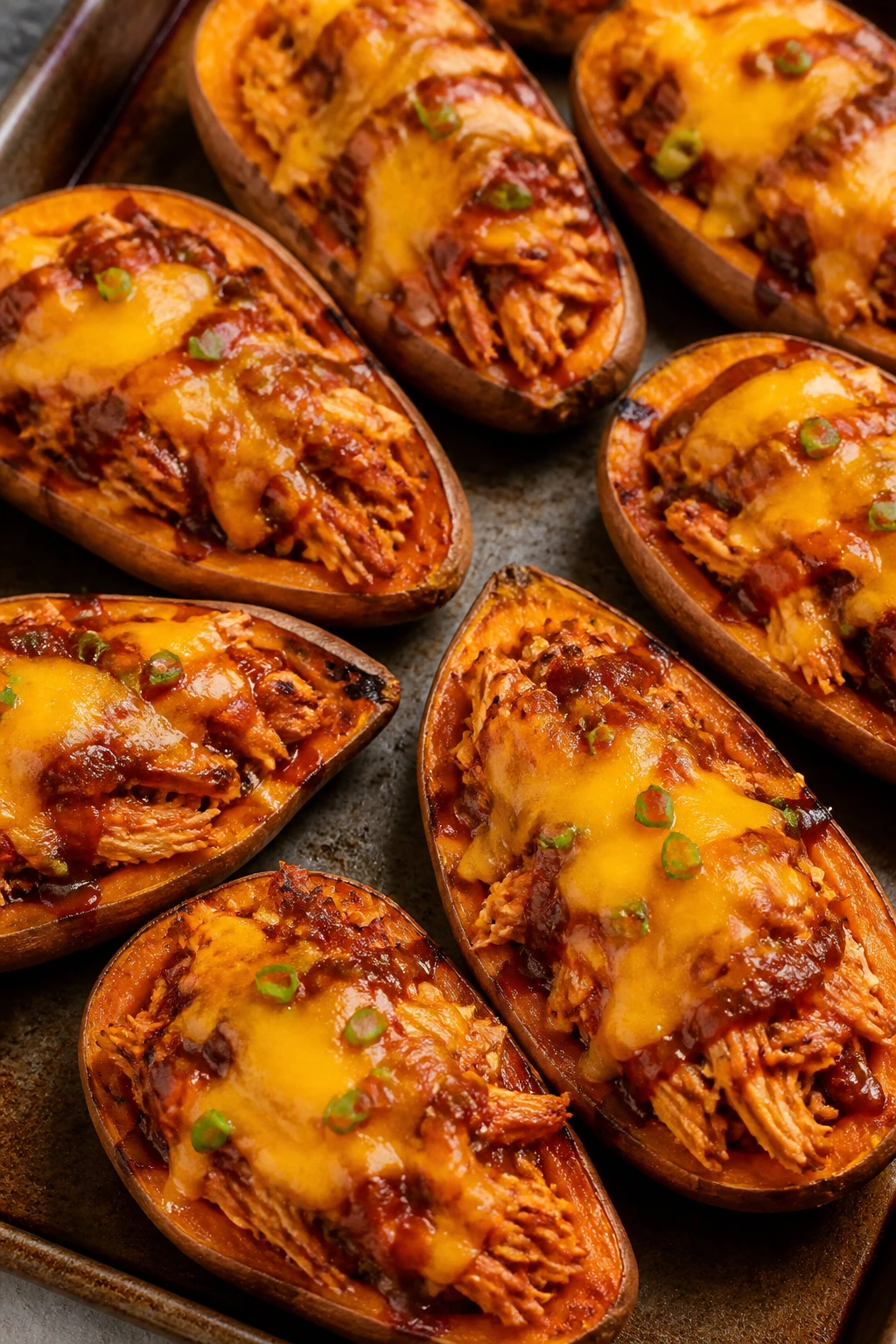 Close-up BBQ chicken sweet potato skins with cheddar cheese