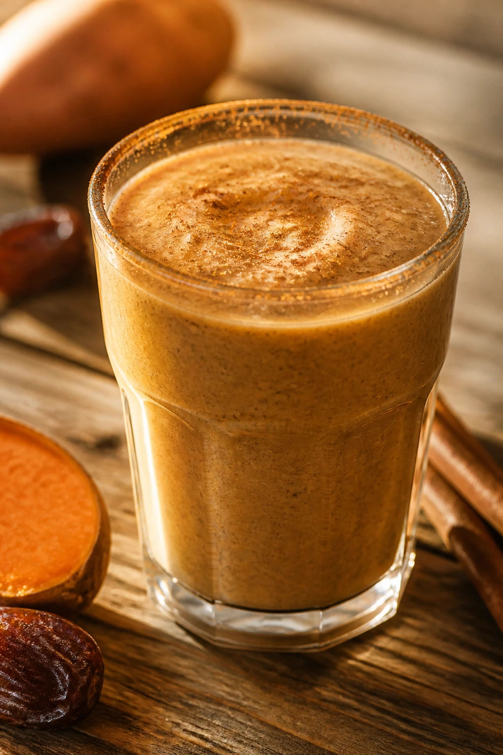 Thick brown sweet potato smoothie in a glass with cinnamon rim on a rustic wood table.