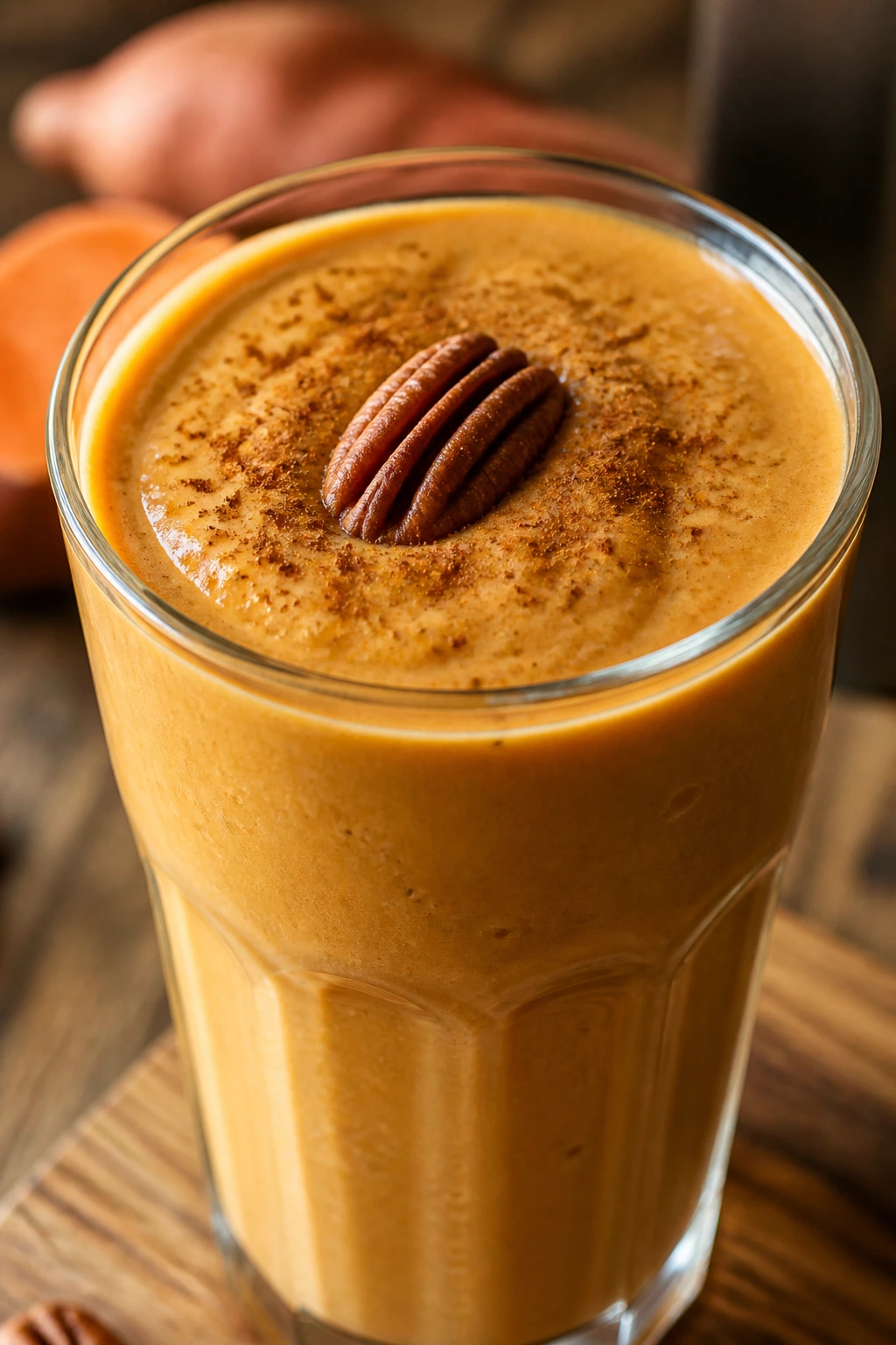 Sweet potato smoothie in glass with cinnamon and pecan on wooden counter