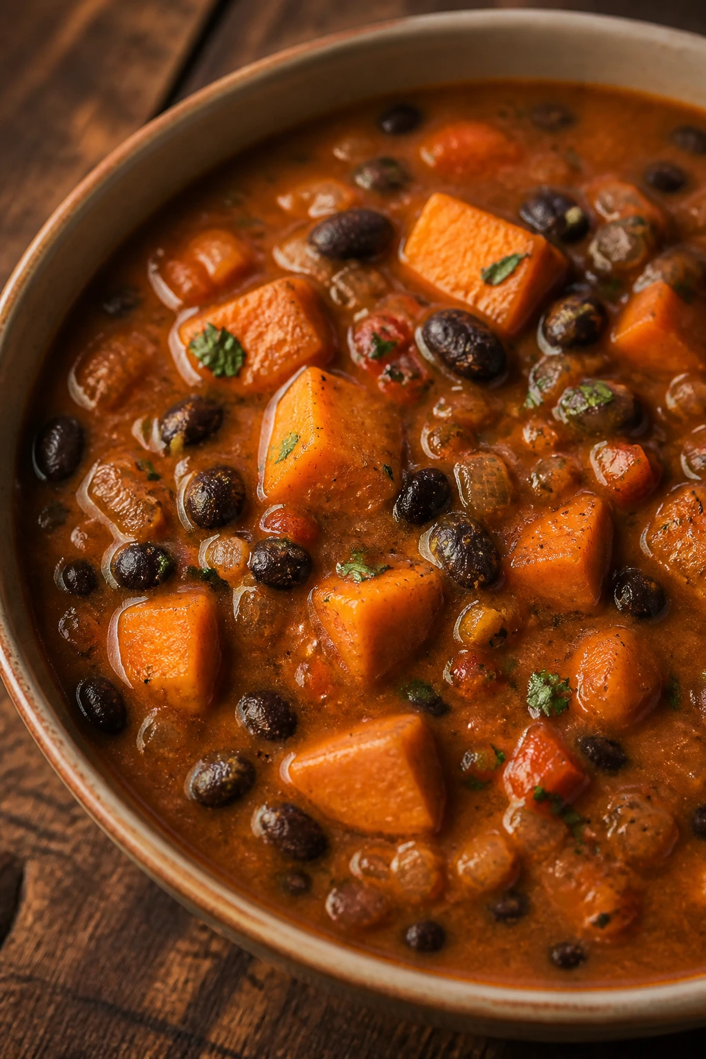Close-up of sweet potato black bean soup with chunky vegetables in a rustic bowl.