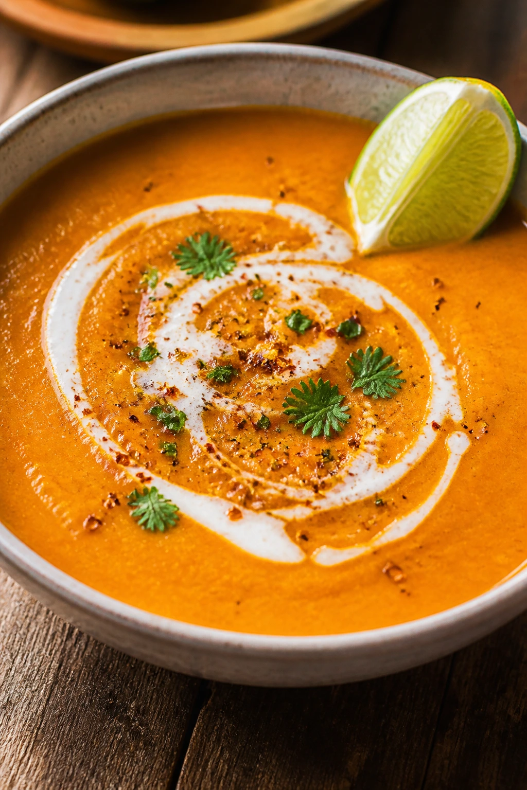 Orange spiced sweet potato soup in a bowl with coconut milk curl